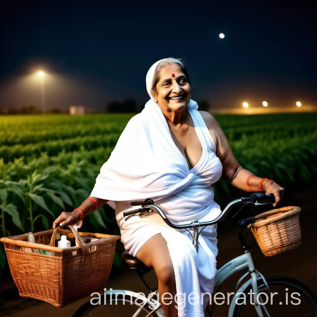 Elderly-Punjabi-Sikh-Woman-in-White-Towel-with-Dog-Riding-Bicycle-at-Night