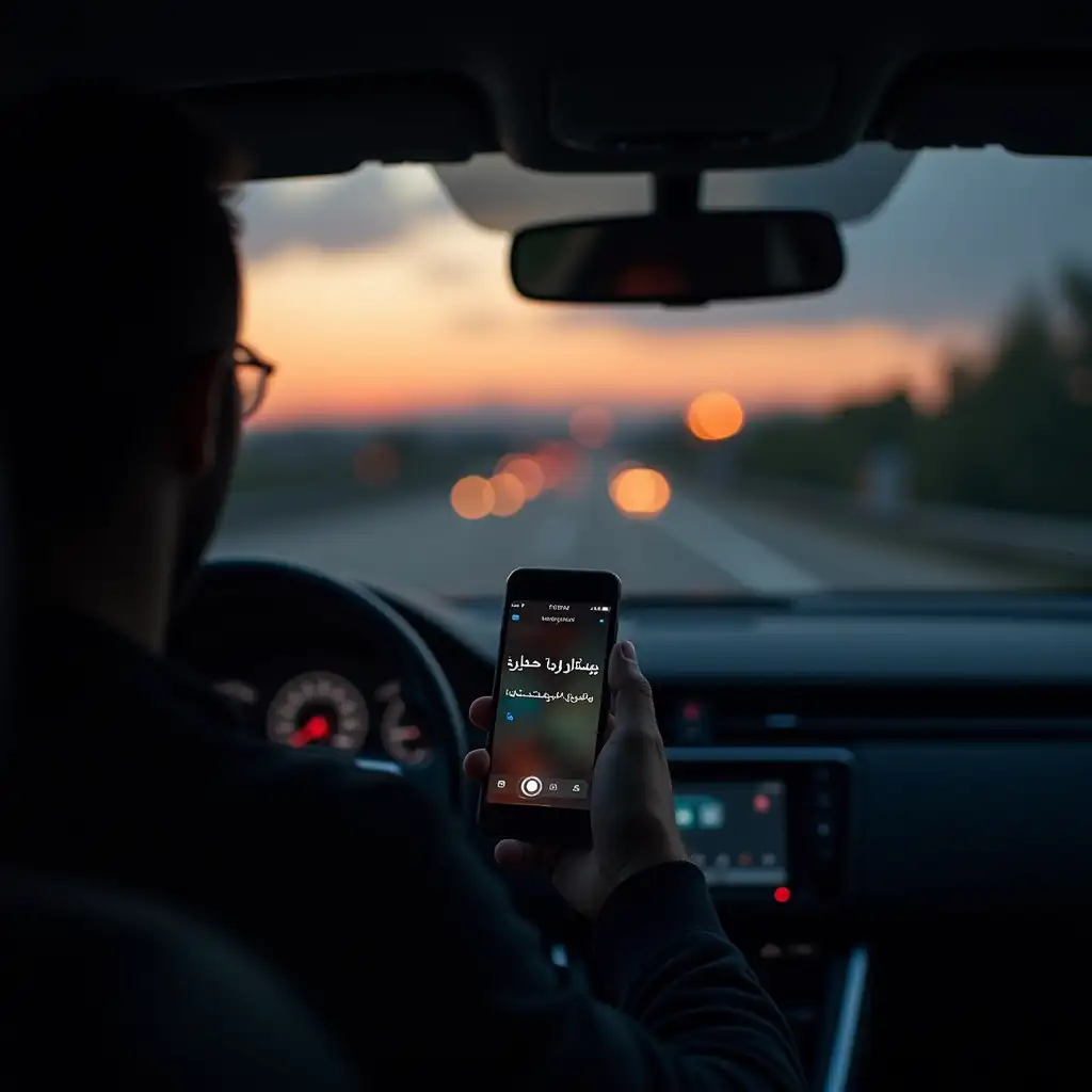 An image captured from inside a moving car, with the camera angle from over the shoulder of an Iranian male driver, showing that the car is driving on a road. The driver is holding his mobile phone, and the screen displays a message sent to someone, clearly written in Persian: 'دارم میام' (I am coming). The message is clearly and legibly visible on the screen. The light outside the car indicates a semi-dark sunset, with a blend of orange and purple hues in the background, creating a contrast between the light inside and outside the car. The interior of the car is sleek and modern, but the focus is on the driver's phone and his attention to it. The road ahead stretches symbolically, illustrating the motion of the car. The atmosphere of the image should convey a sense of urgency and tension. This image subtly highlights the dangers of distracted driving.