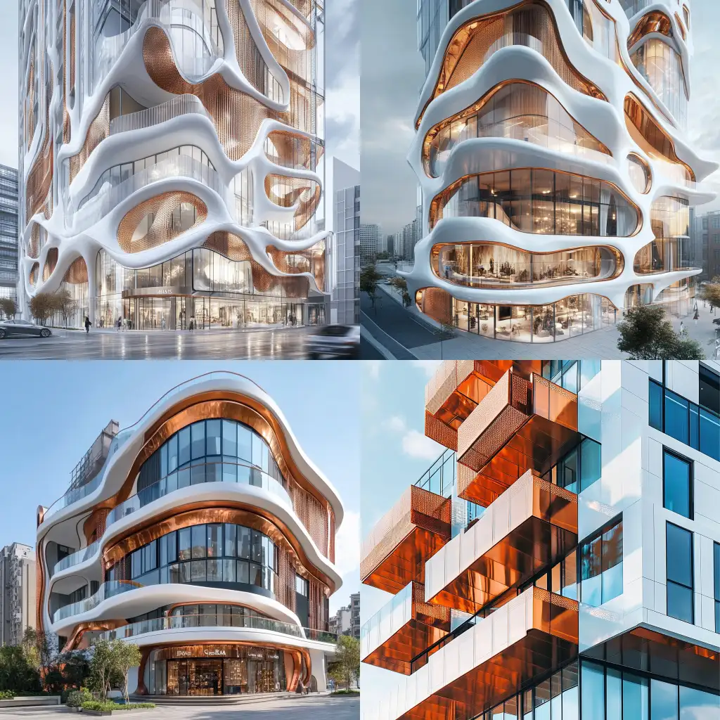 Modern-Residential-Building-with-Copper-Oxide-Facade-and-Elegant-Shops