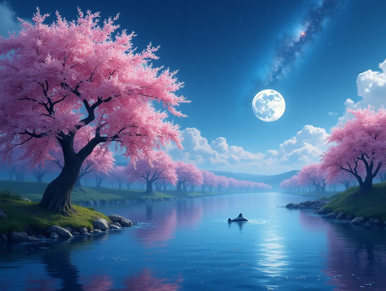 Cherry blossom, river, dolphin, moon, Milky Way