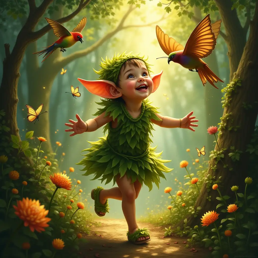 A delicate, goblin child with twinkling eyes, dressed in a woven leaf costume, dances joyfully through an enchanted forest filled with luminescent flora. Each step ignites trails of sunlight that filter through the canopy, casting a golden glow on their upturned face. The child's fingers brush lightly against a singing flock of birds, whose feathers seem to dance in harmony with the child's laughter, their vibrant plumage expanding into a rainbow of color. Butterflies and fireflies, their wings iridescent like polished gems, flit around the child, weaving a magical tapestry of life. The painting, in a dreamlike oil technique, captures the child's pure wonder and the forest's mystical essence, every brushstroke painting a symphony of delight, nature's chorus, and the fantastical creatures' ethereal beauty. The artist's meticulous brushwork and a palette of rich, warm hues transport the viewer into this enchanting moment.