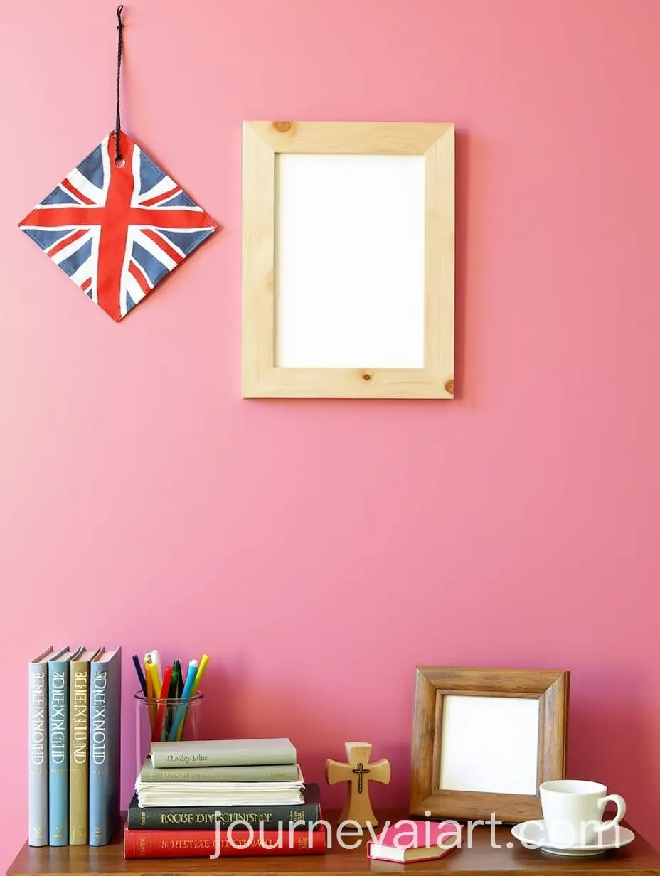 AI-Image-ExpansionWooden-Sign-and-British-Flag-with-Cultural-and-Intellectual-Items-on-Table