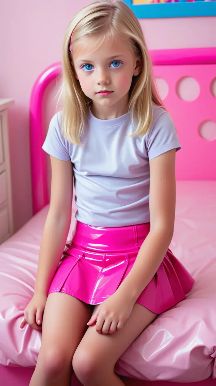 Blond-Preteen-Girl-in-Pink-PVC-Mini-Skirt-Sitting-on-Pink-Bed