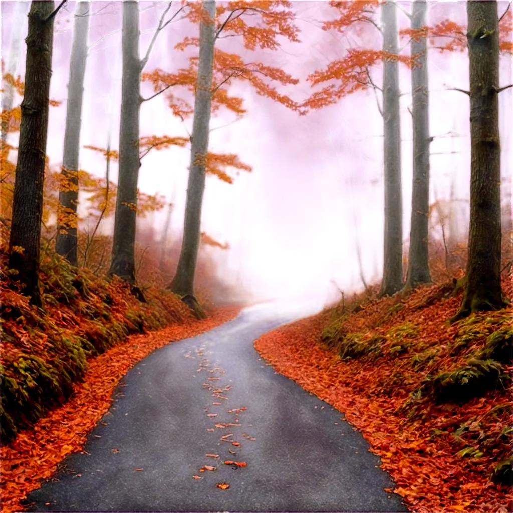 Enchanted Autumn Pathway: Illustrate a winding path through a fall forest shrouded in fog. The trees could have an ethereal blue glow, and the fog could be depicted as swirling around the path, creating a sense of mystery and enchantment.