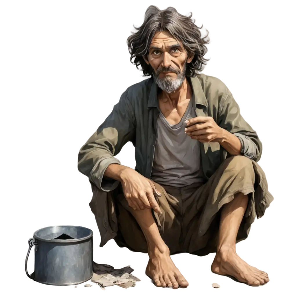 Realistic-Cartoon-PNG-Image-of-a-Beggar-with-Torn-Clothes-and-Iron-Bowl