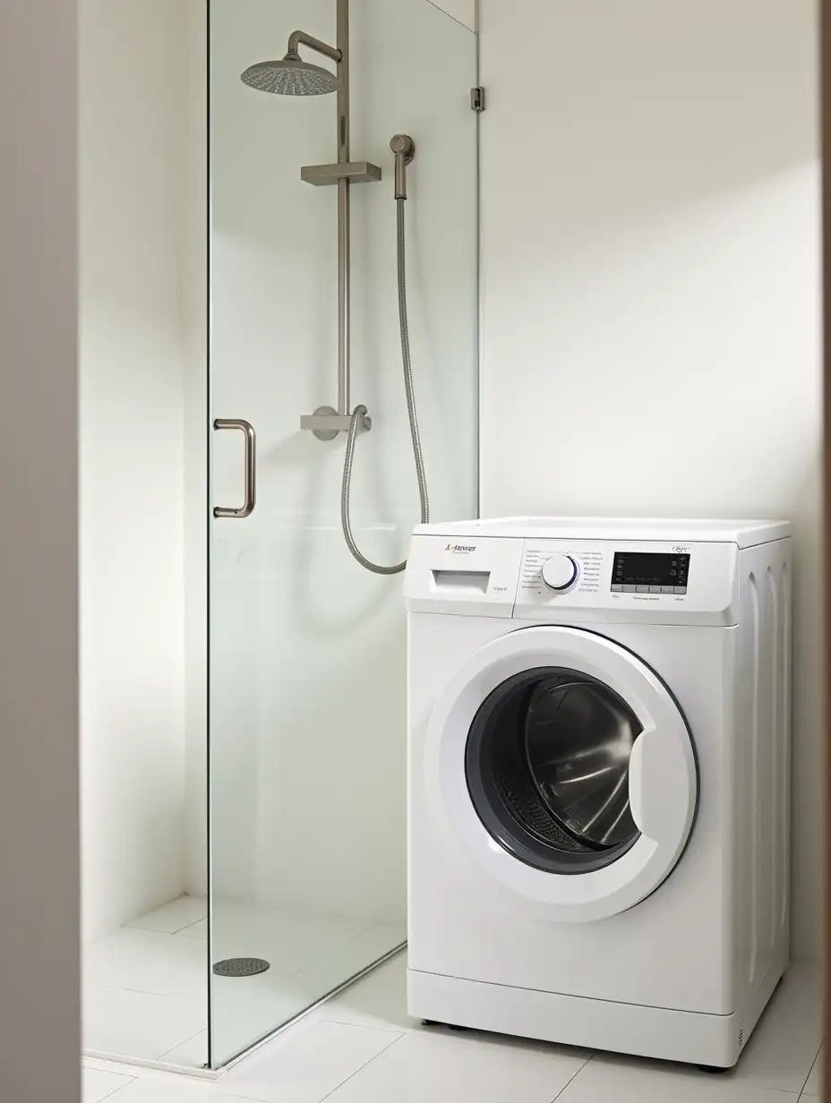 washing machine in a light bathroom room