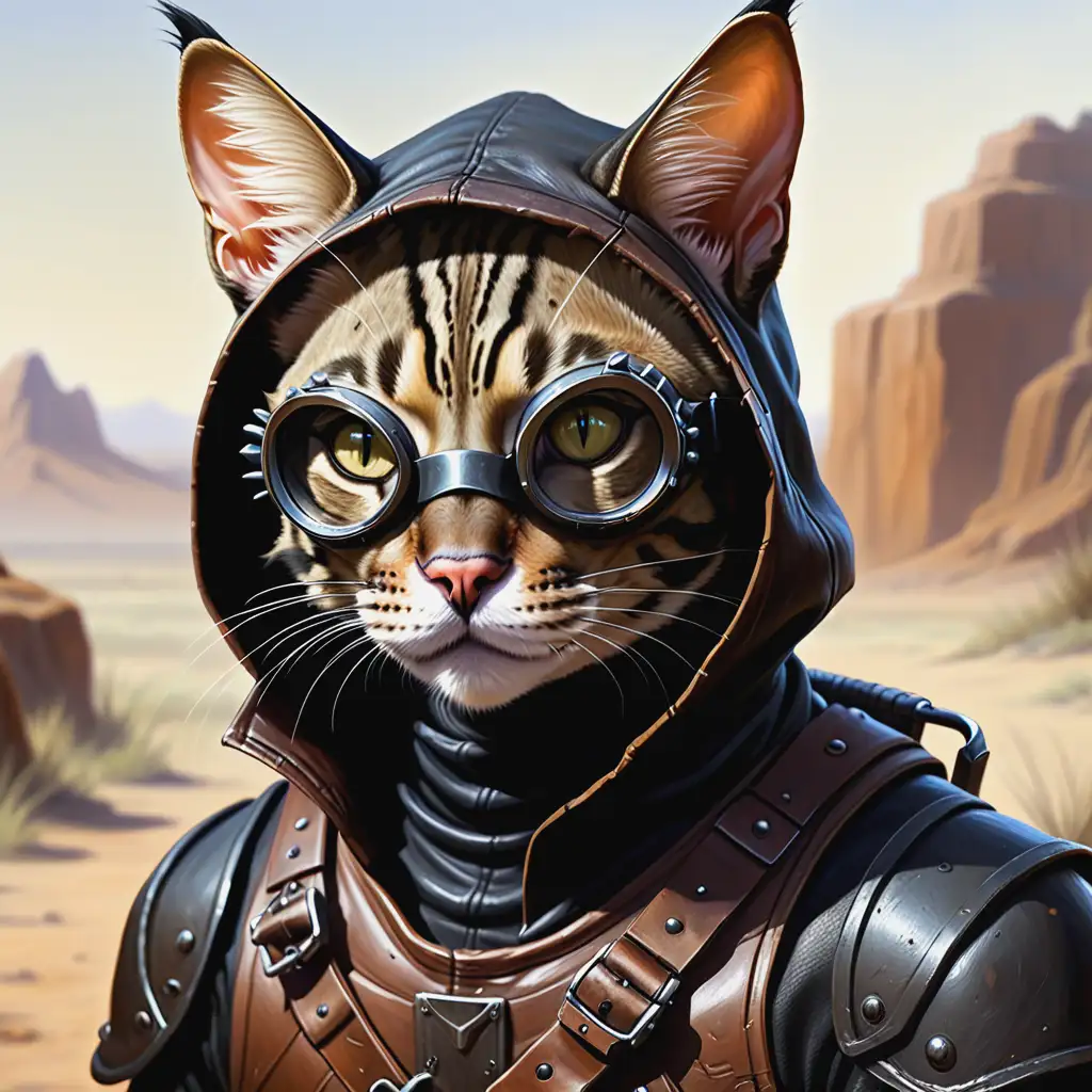 *Fantasy Art Painting* A humanoid cat similar to a savannah cat, his face is somewhat flat and more human than cat, he is wearing dark leather armor and black hood, he wears goggles, character portrait wide shot, he is wearing adventuring gear, oiled leather