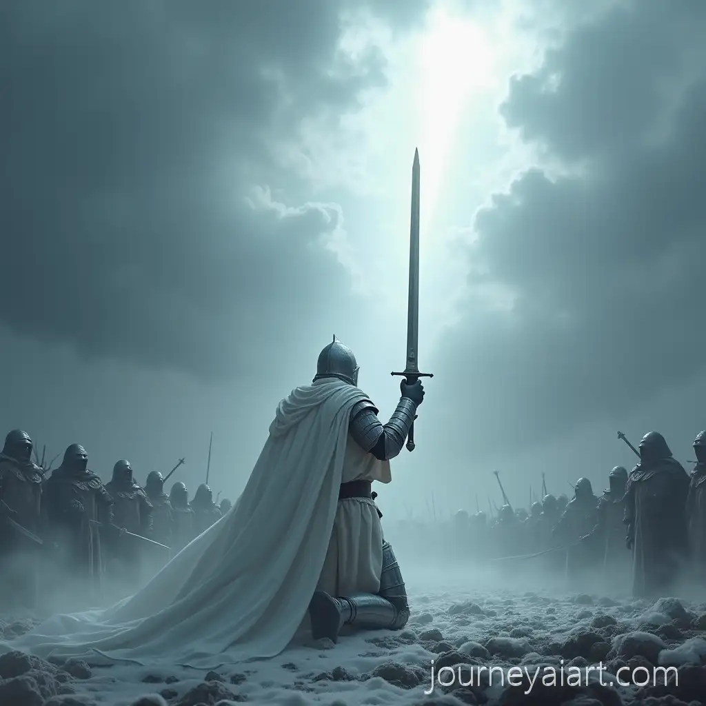 Knight-in-white-armorKnight-in-SnowWhite-Armor-with-Sword-Raised-in-Light-on-Battlefield