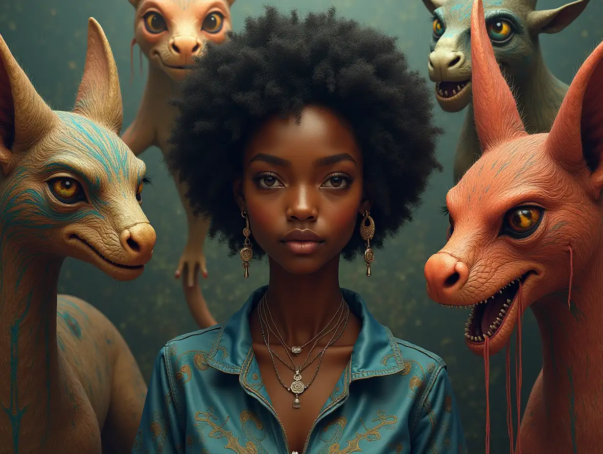 ultradetailed hyperrealistic portrait a black woman with body hair in a place with various strange creatures with intricately detailed, colorful