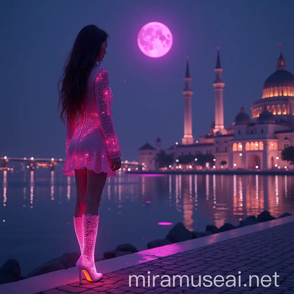 Stunning Young Woman in a Digital Light Crochet Dress Beside an Italian Palace at Midnight