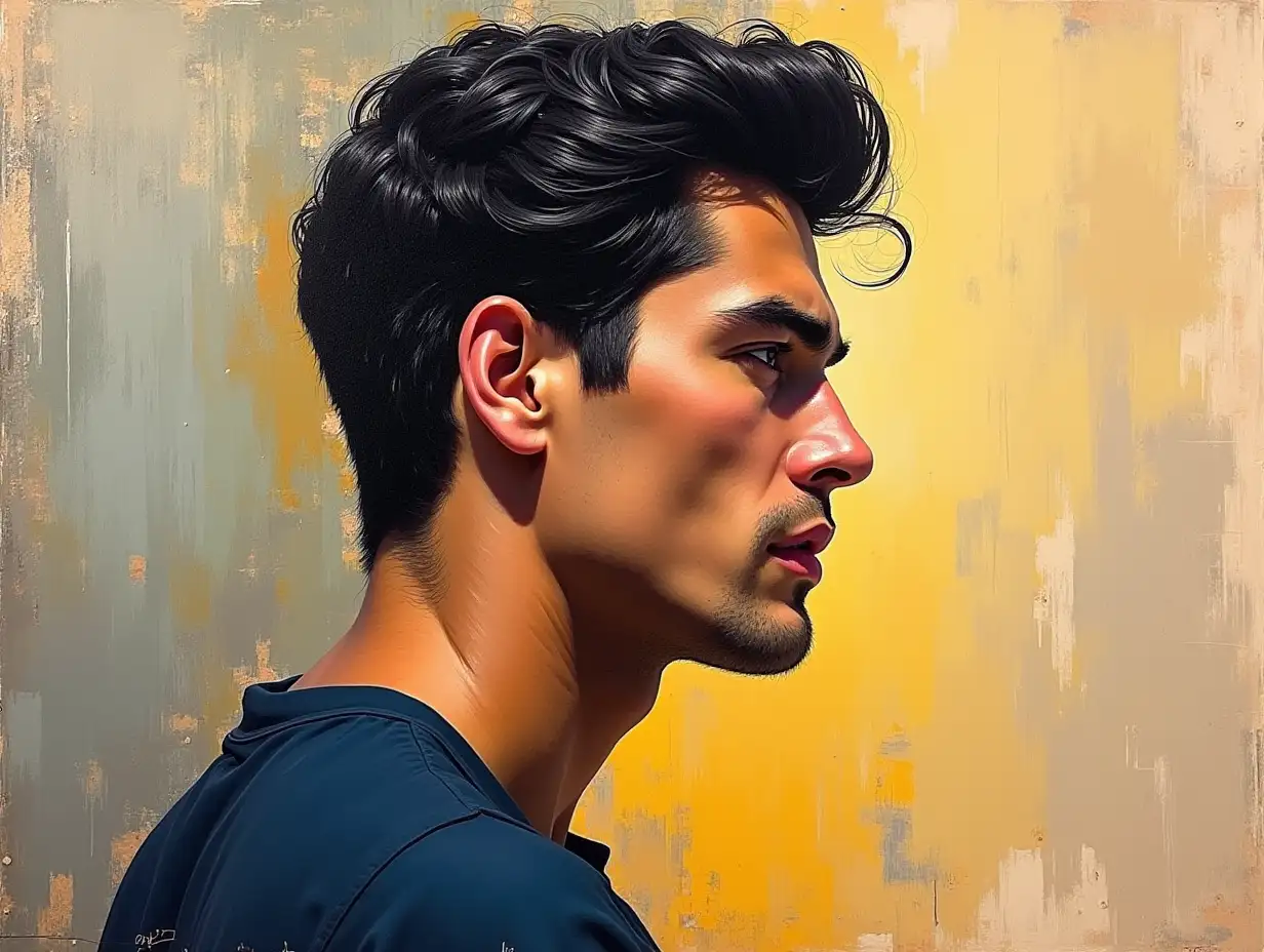 Side-Profile-of-a-Man-with-Strong-Jawline-and-Thick-Black-Hair-in-Modern-Impressionist-Style