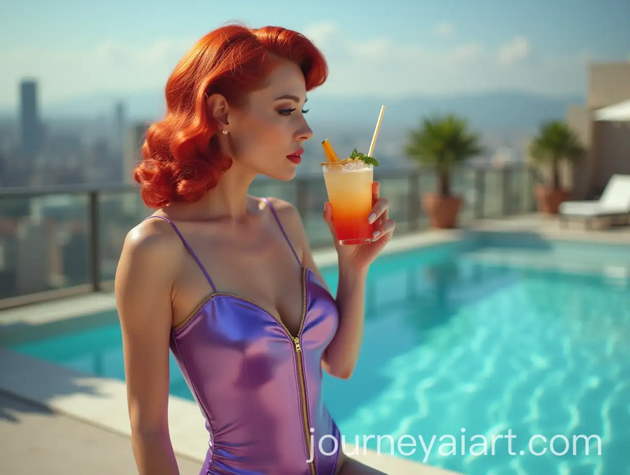 Vintage-Modernized-PinUp-Redhead-in-Iridescent-Purple-Swimsuit-Sipping-Cocktail-by-Luxury-Rooftop-Pool