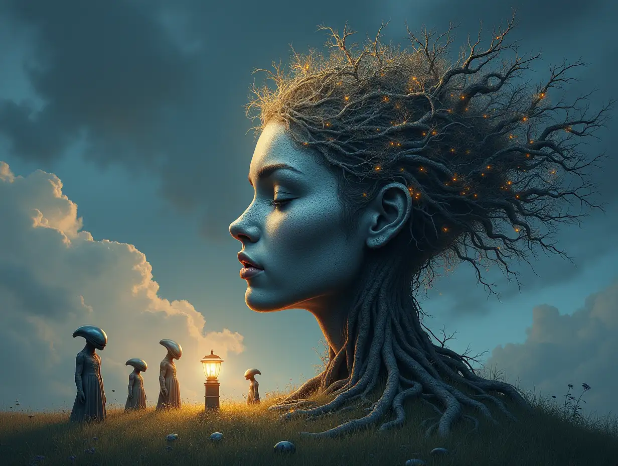 Creating a digital painting of a face with hair turning into a building with silver stone and Illuminated trees with roots and lantern and alien beings on a meadow 