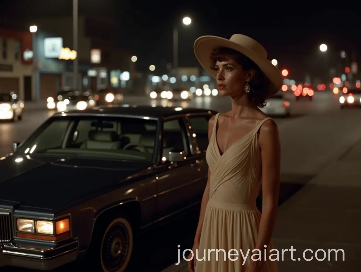 Young-Woman-in-Evening-Dress-by-Classic-Cadillac-in-1980s-City-Nightscape