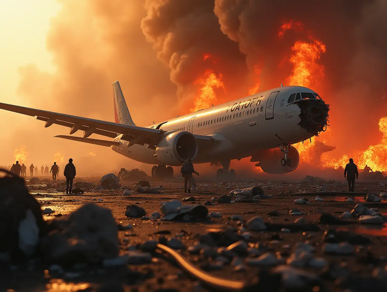 close-up image, crashed airplane, wreckage visible, flames, smoke, dust, deaths, chaos, injured people, fleeing people