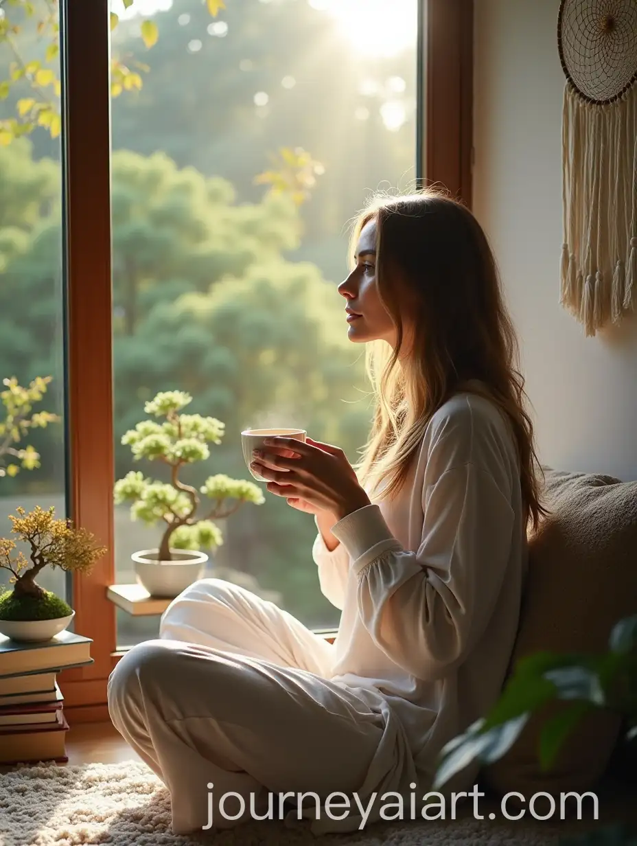 Beautiful-Woman-Drinking-Tea-in-Rustic-Themed-Living-Room-with-Bonsai-Garden-View