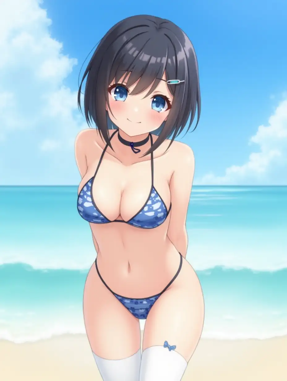 masterpiece, best quality, highly detailed, RAW foto,fotorealistic,1girl, swimsuit, breasts, solo, outdoors, bikini, blue_eyes, thighhighs, black_hair, looking_at_viewer, day, parted_lips, navel, beach, choker, hair_ornament, white_thighhighs, hairclip, blue_bikini, earrings, jewelry, ocean, short_hair, collarbone, string_bikini, cloud, sky, blush, bare_shoulders, leaning_forward, micro_bikini, small_breasts, thighs, water, bangs, skindentation, blue_sky, black_choker, stomach, smile, contrail, cowboy_shot, ass_visible_through_thighs