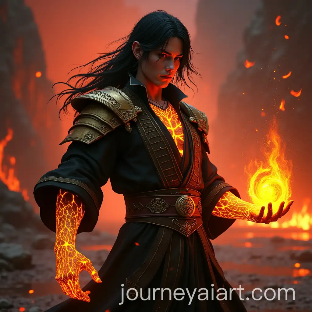 HalfElf-Kineticist-Conjuring-Mysterious-Magma-Orb-in-Dark-Fantasy-Abyssal-Battlefield