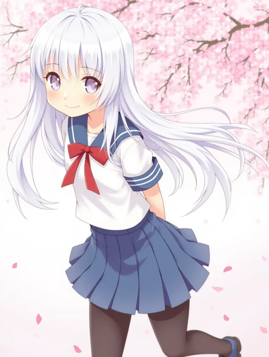 1girl, schoolgirl, white hair, blunt bangs, long hair, red bow,snow-white eyes, smile, yandere, sailor fuku, sailor collar, white top, short sleeves, blue skirt, high-waisted skirt, mini skirt, thighs, black thighs, thighs above the knee, zettai ryouiki, very long thighs, beautiful sakura tree, sakura petals, hands behind the back, dutch angle