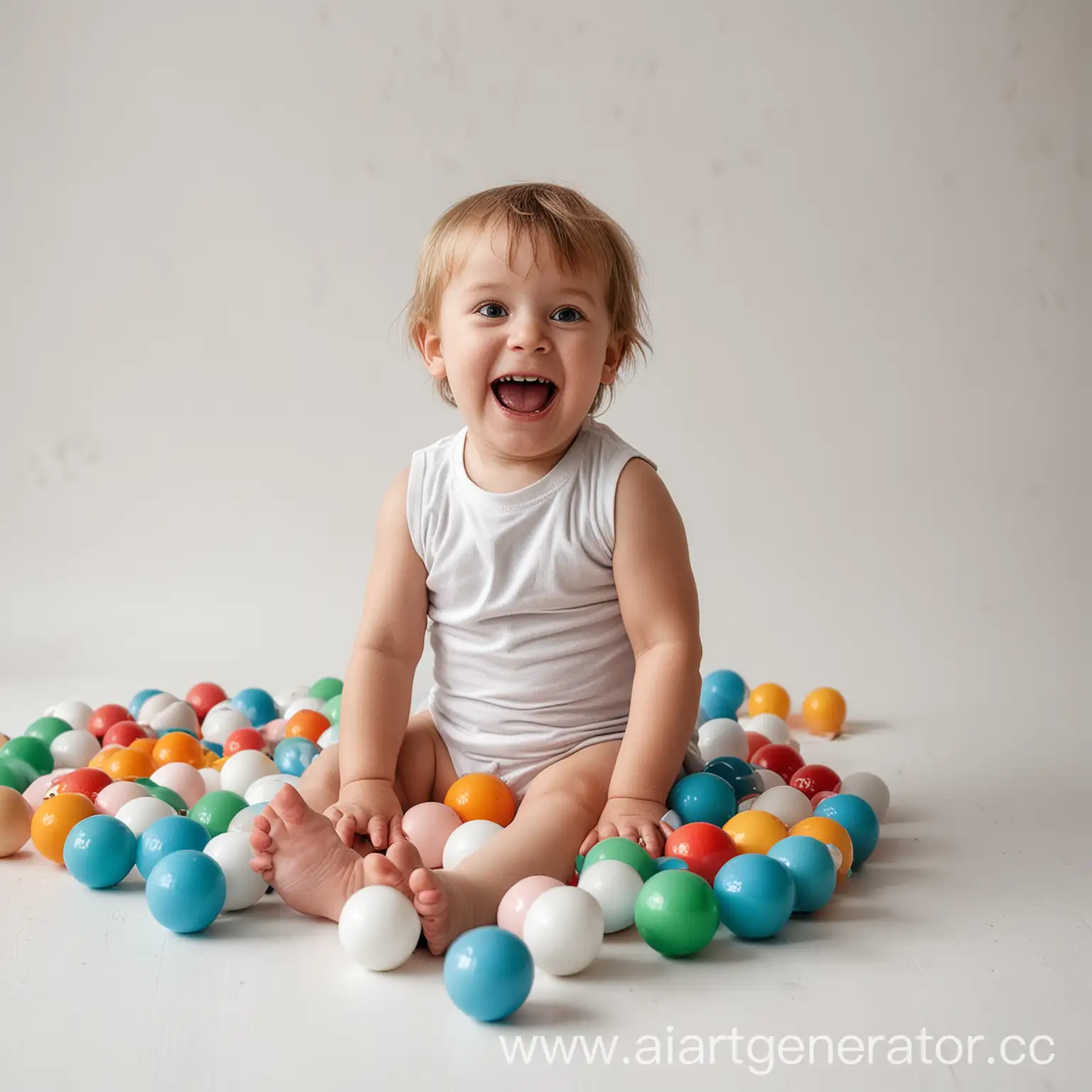 white background, a 4-year-old child is sitting on a white floor with colored balls for a dry pool, the child is laughing