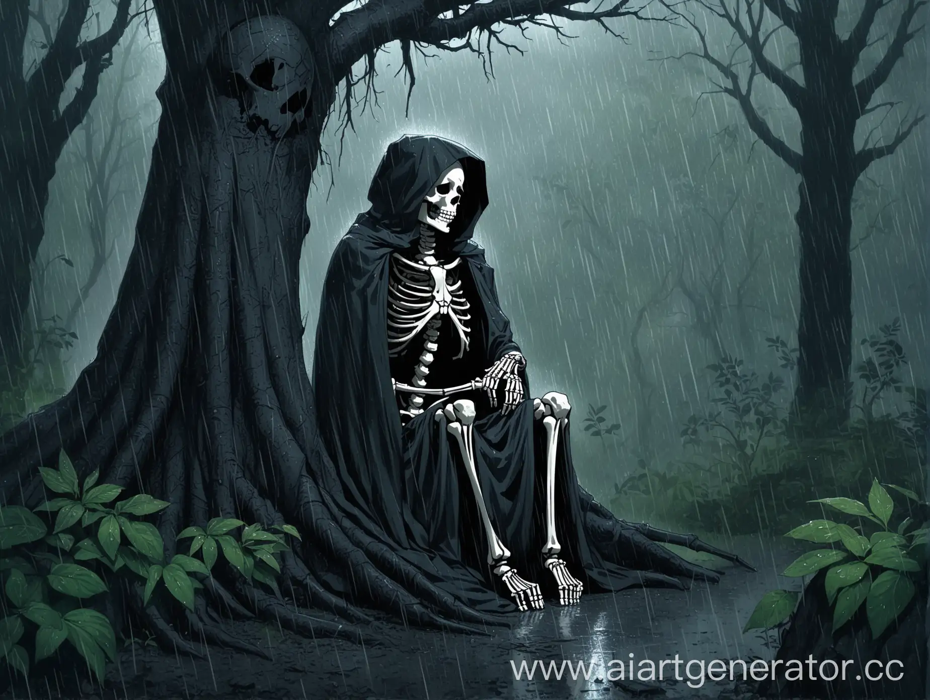 Melancholic-Skeleton-in-Cloak-Sitting-Under-Tree-in-Dense-Forest-with-Rain-and-Cat