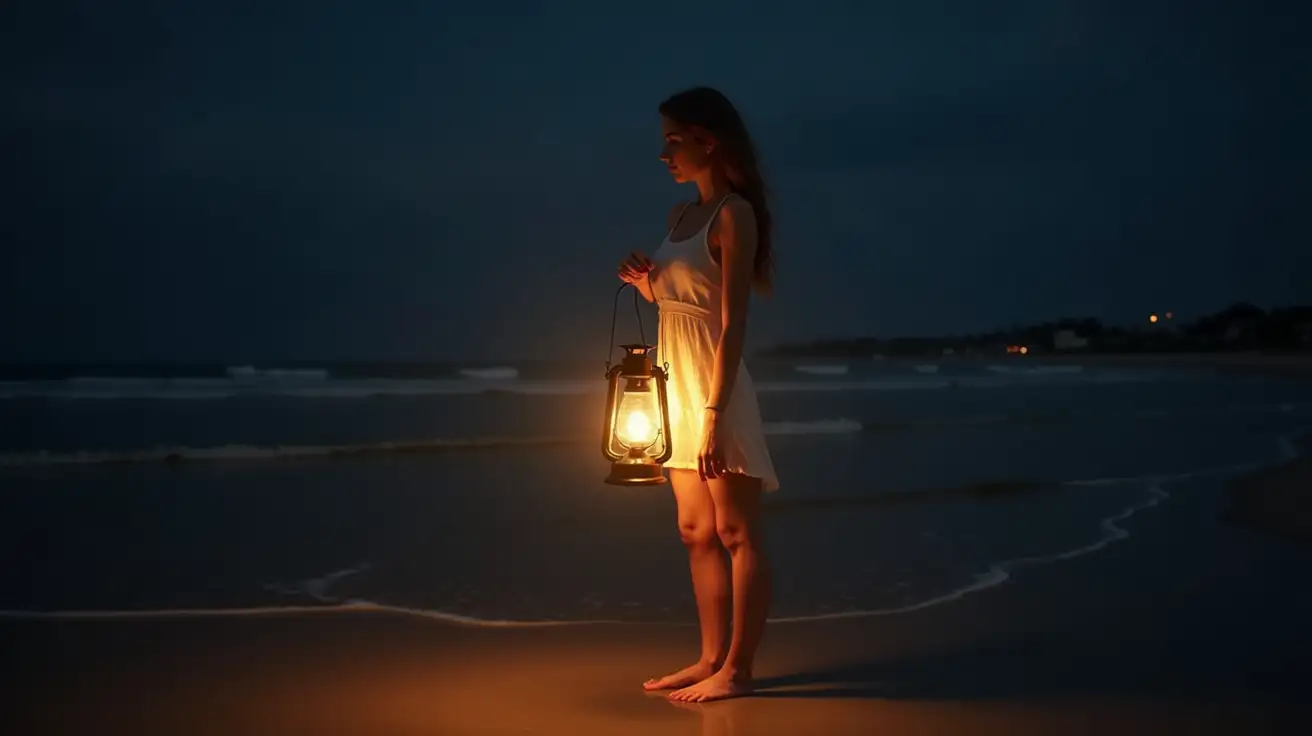 A captivating nighttime beach photoshoot featuring a model standing barefoot on the wet sand, holding an antique lantern that casts a warm, golden glow around her...