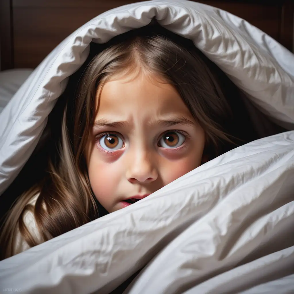 Young Girl Hiding Under Covers Spooked Expression