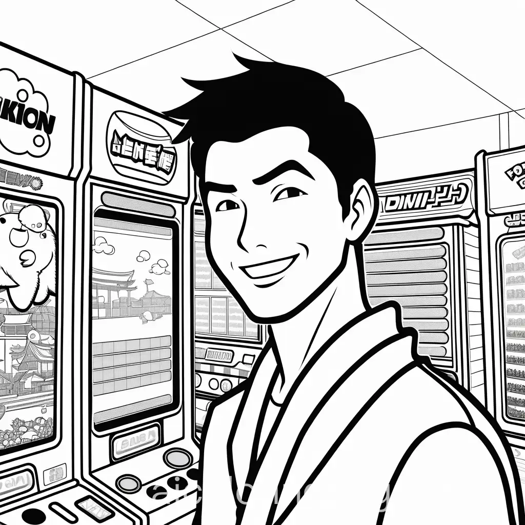 Japanese-Man-Smiling-at-Arcade-Games-Crane-Machine-and-Pokemon-Coloring-Page