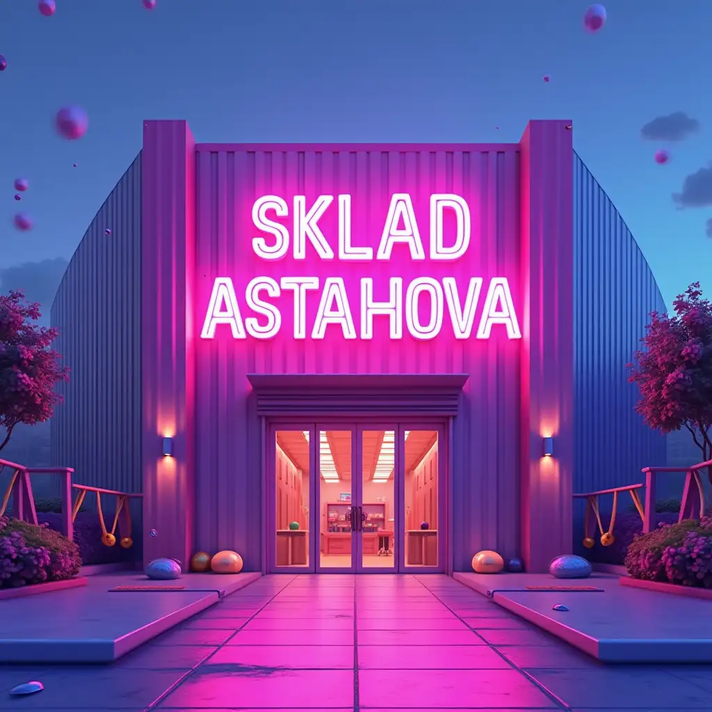 Create an image of a standing building, a modern warehouse with a bright neon sign 'SKLAD ASTAHOVA' in animation style. The building should be in pink, purple and blue colors with neon effects. Entrance decorated with balls and ribbons, celebratory atmosphere of new warehouse opening. Light background, high detail, modern style.