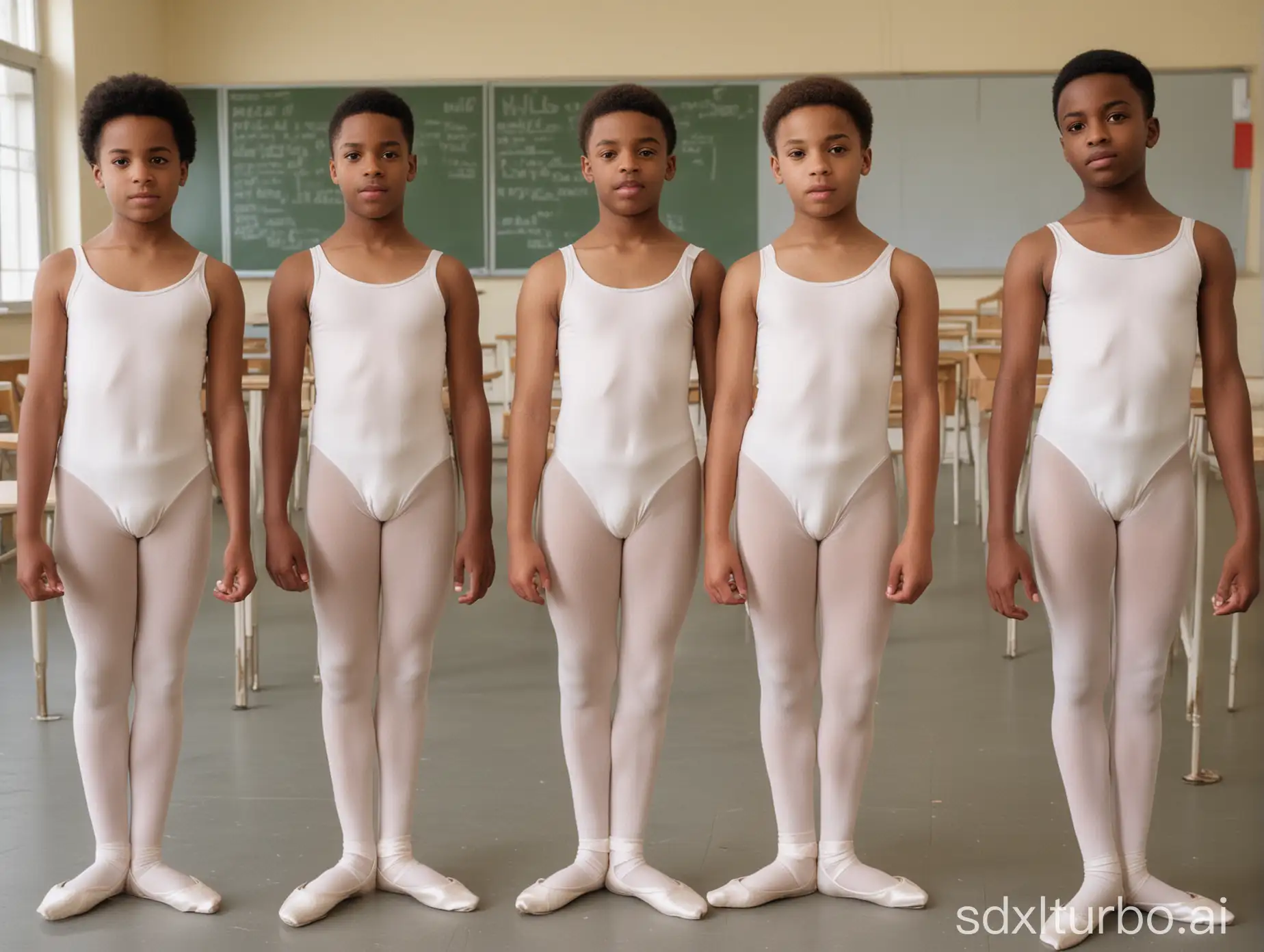 (Gender-role reversal) Depicting a group of black boys, age 16, wearing white ballet leotards and white tights standing in a classroom.