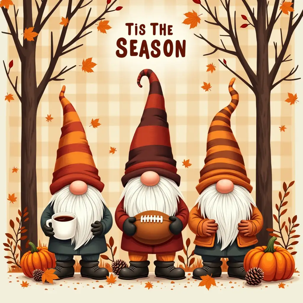 Vector illustration. the text 'Tis The SEASON' above it. Three autumnal gnomes standing in a forest. The gnome on the left holds a mug of hot cocoa, the gnome in the middle holds a football, and the gnome on the right holds a pumpkin. Surrounding them are fallen leaves, pine cones, and branches. The background is a checkered pattern in orange and white.