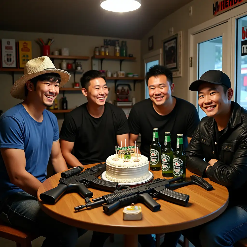 Group-of-Korean-Men-Celebrating-Birthday-with-Guns-and-Beer-in-Dimly-Lit-Outdoor-Room