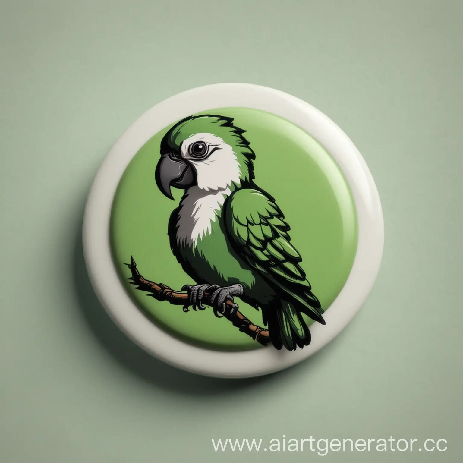 button with parrot symbol on it. Green, black and white colours