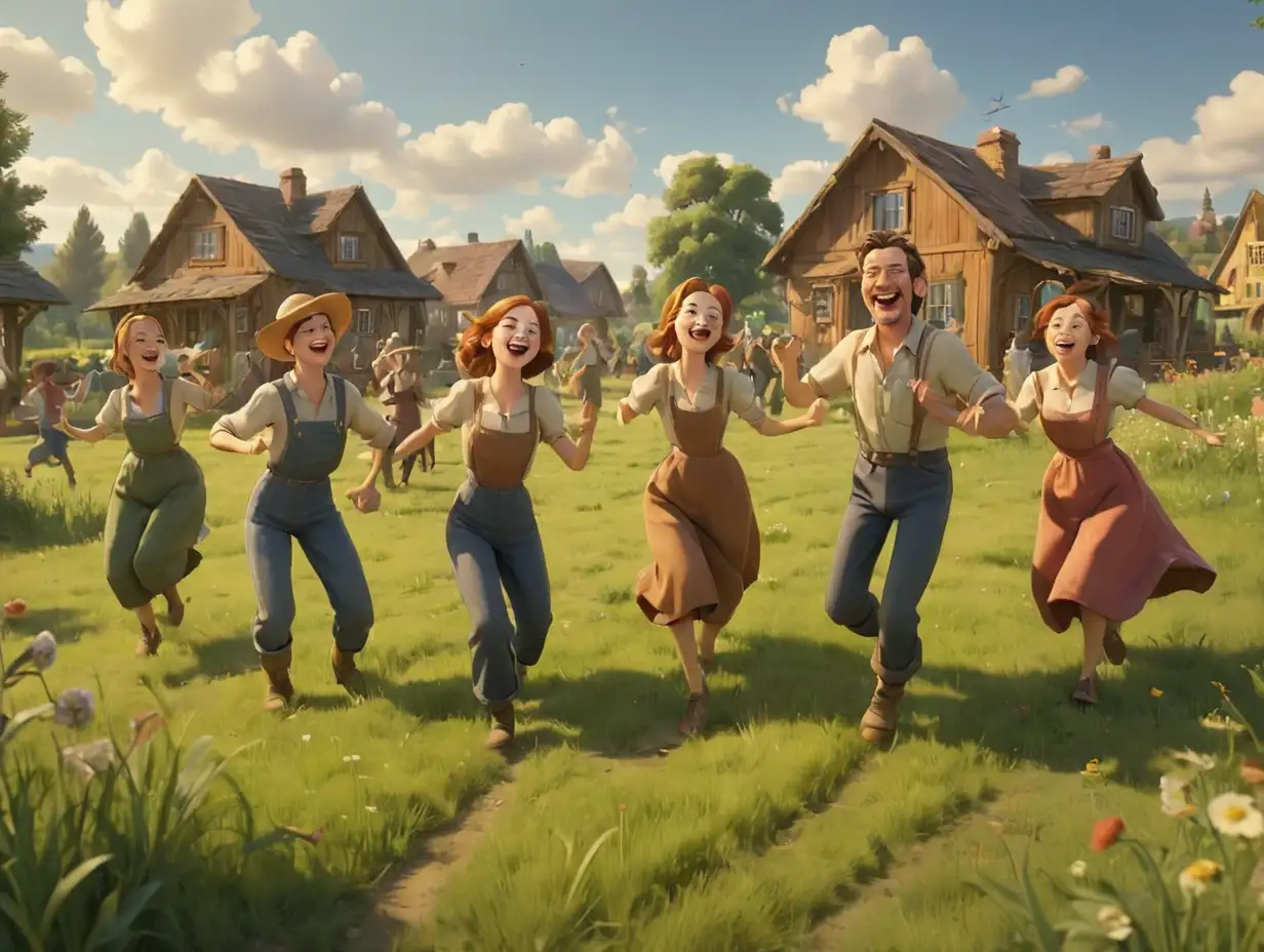 Joyful-Farmers-Dancing-in-Meadow-with-Small-Houses-in-3D-Disney-Style