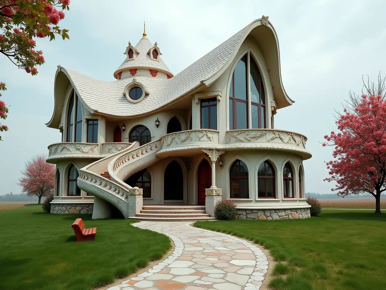 crooked house in the prairie - with bronze sculptures with red ornamentation in the form of triangular patterns, white roof, large windows with glass, curved, rough window shapes, winding grand entrance staircase made of marble a complex curved roof with dike, lanterns, bench apple tree 4K resolution colorful superwide-angle shots