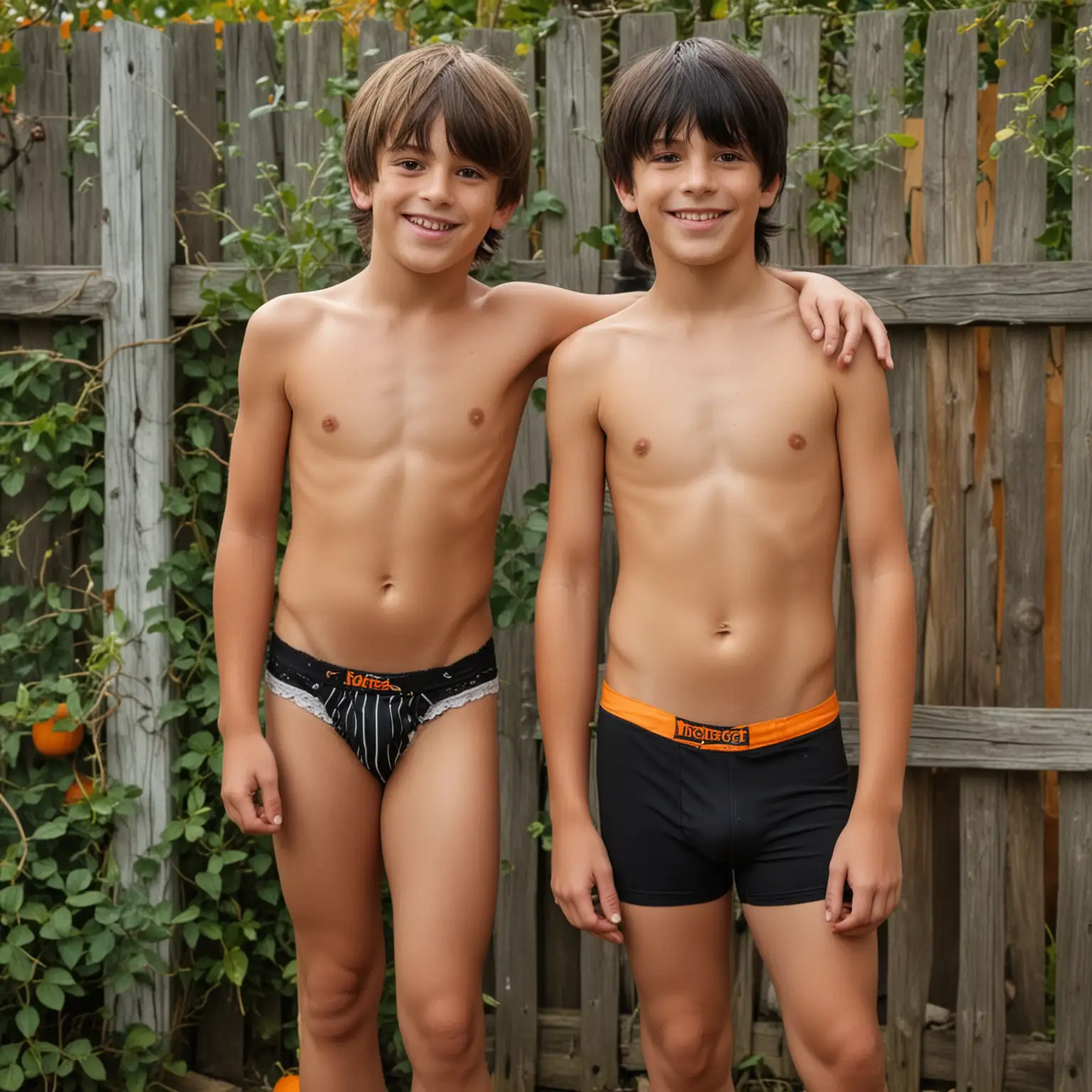 Two-Boys-Posing-Outdoors-with-Vegetation-and-Pumpkin