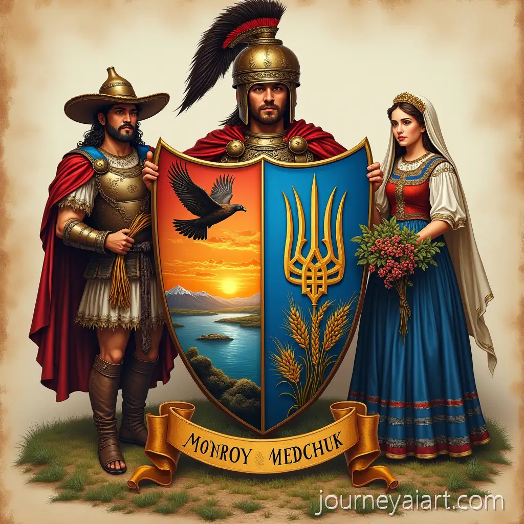 Family-Coat-of-Arms-Featuring-Andean-Condor-Ukrainian-Tryzub-and-Traditional-Attire