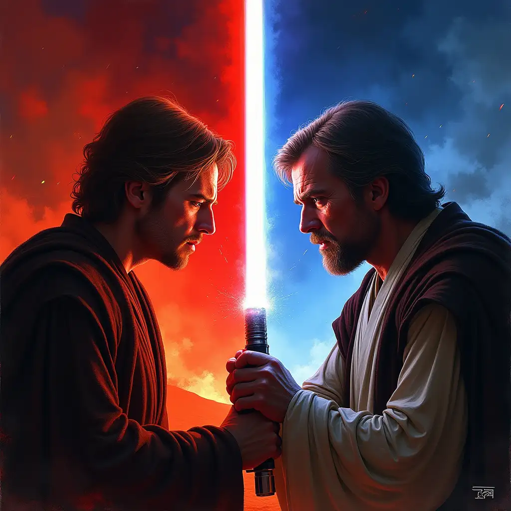 Epic face-off poster of Anakin Skywalker vs Obi-Wan Kenobi, Anakin on the left with red lightsaber, eyes glowing faintly with anger, Jedi robes torn, Obi-Wan on the right with blue lightsaber, calm but intense expression, cloak blowing in wind, the scene split with dramatic red and blue lighting, volcanic smoke and fire in the background inspired by Mustafar, cinematic intensity, painterly poster style with bold brushstrokes and gritty texture, heroic and tragic tone, --ar 4:5 --v 5