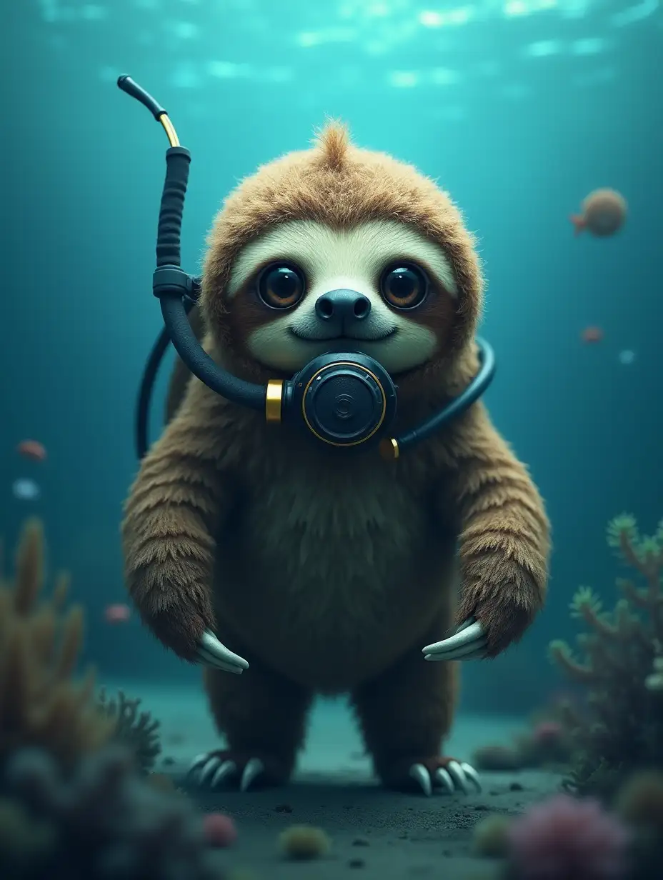 create an animated-realistic image of a Sloth disguising as a deep sea diver with SCUBA