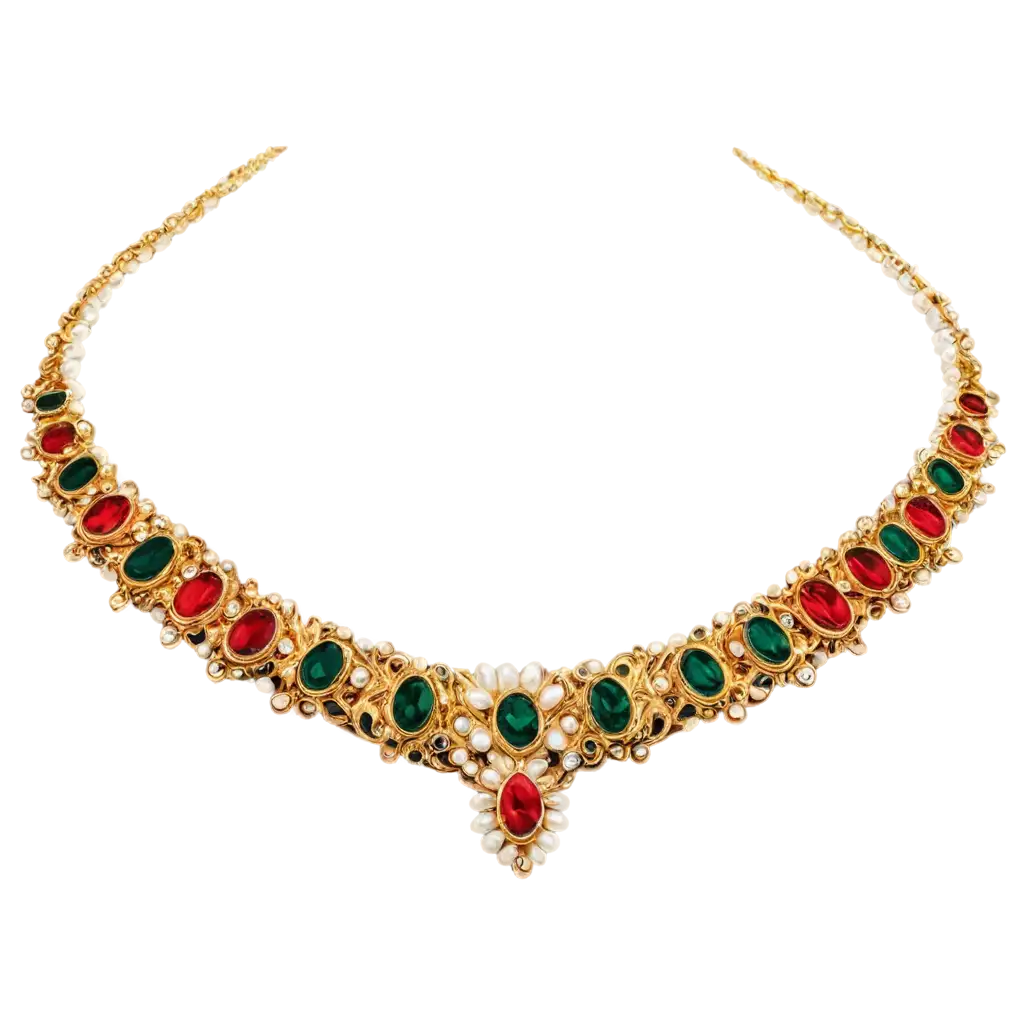 HighResolution-PNG-of-Luxurious-Golden-Necklace-with-Red-Green-Gems-and-Pearls-Elegant-Jewelry-Display