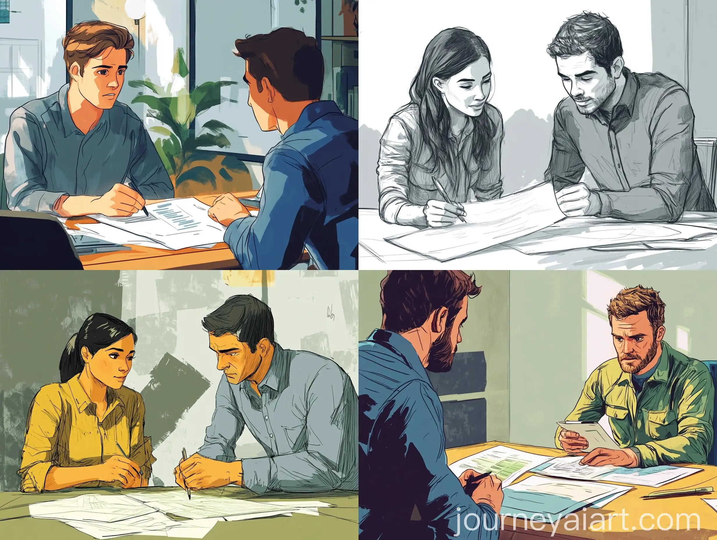 Two-People-Discussing-Ideas-at-a-Table-in-Comic-Style