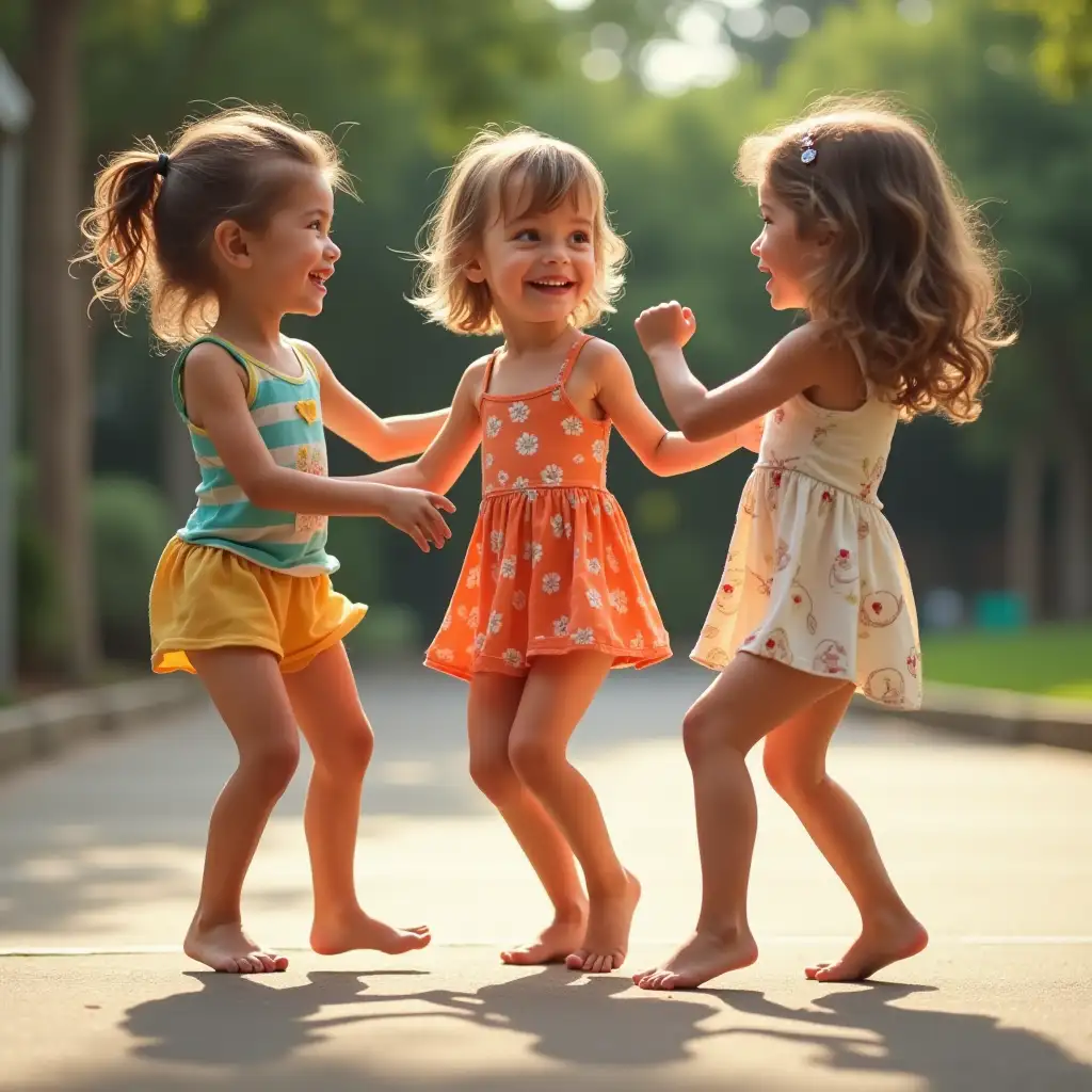 Three-Girls-Dancing-in-a-Circle-on-a-Playground-in-Summer-Dresses