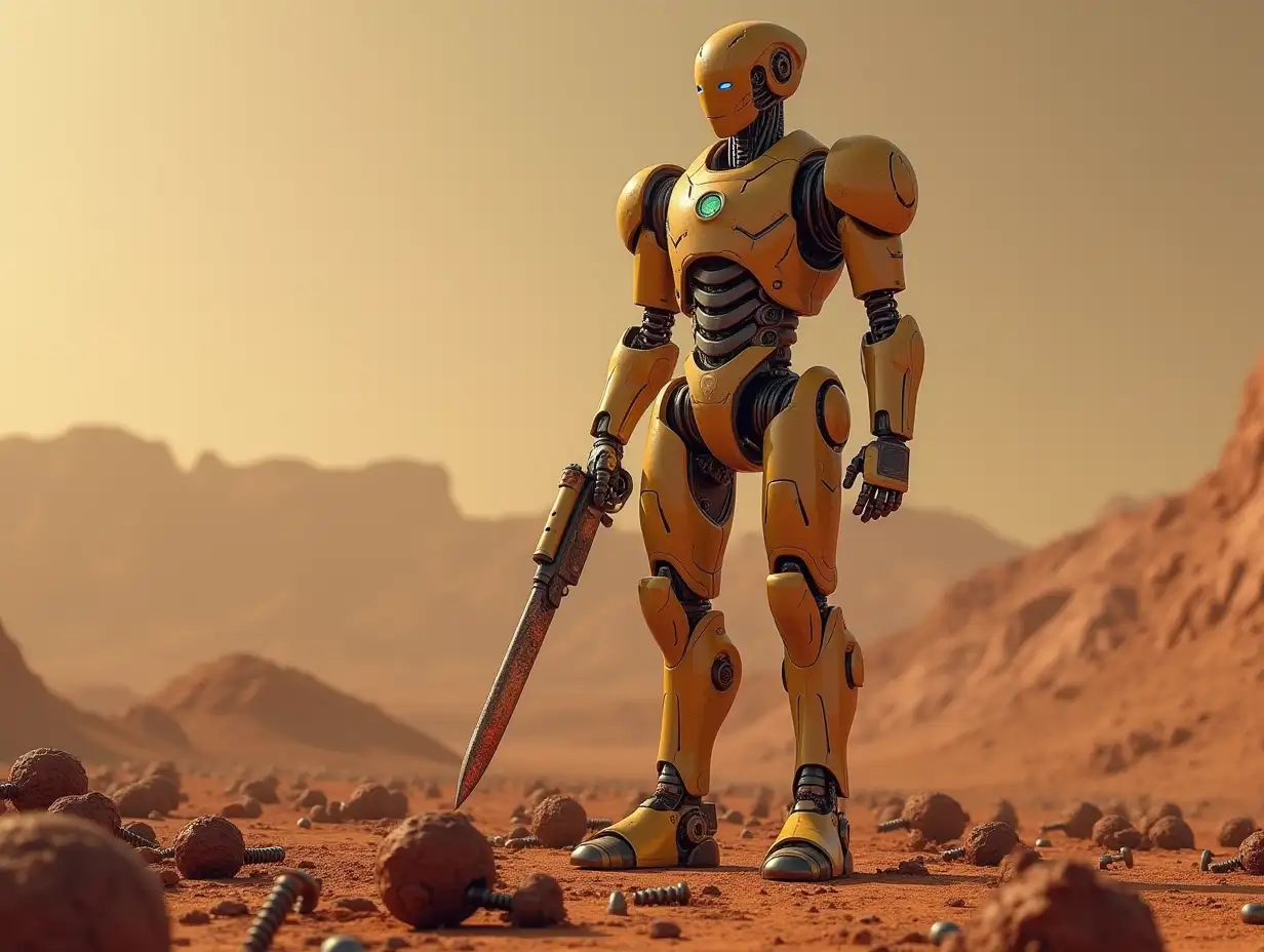 Create a high-resolution, realistic image of artificial intelligence Robert, 40 meters tall, with a laser weapon in one hand and a rusty gold-colored knife in the other hand, screws with many rusty glass marbles on the ground, the Mars landscape in 4k resolution with