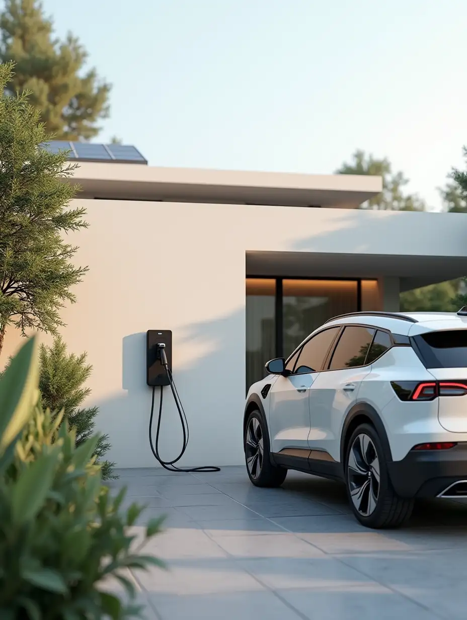 Create a realistic, centered image of a modern electric vehicle charging station (IRVE) installed on the exterior wall of a contemporary home. The house should be grounded, with no transparent walls or floating elements. The focus is on the charging station and the electric vehicle parked next to it. The design should be minimalistic, showing a sleek wall-mounted charger connected to the car with clean, simple cabling. Surround the home with a few subtle sustainable elements like rooftop solar panels and a well-maintained garden with native plants to emphasize environmental responsibility. Use soft, natural lighting to give the image a calm, eco-friendly feel.