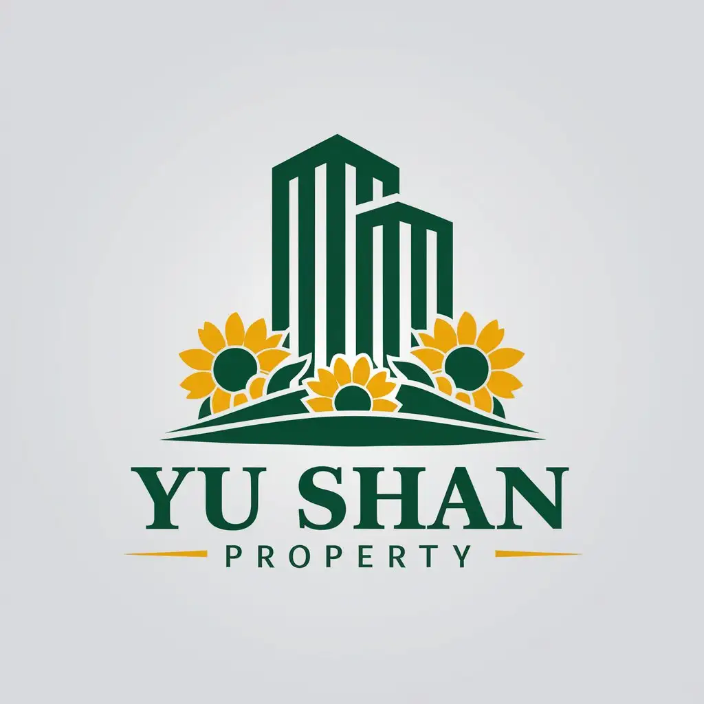 a vector logo design,with the text "Yu Shan Property", main symbol:tall building, green, sunflowers,Moderate,be used in Real Estate industry,clear background