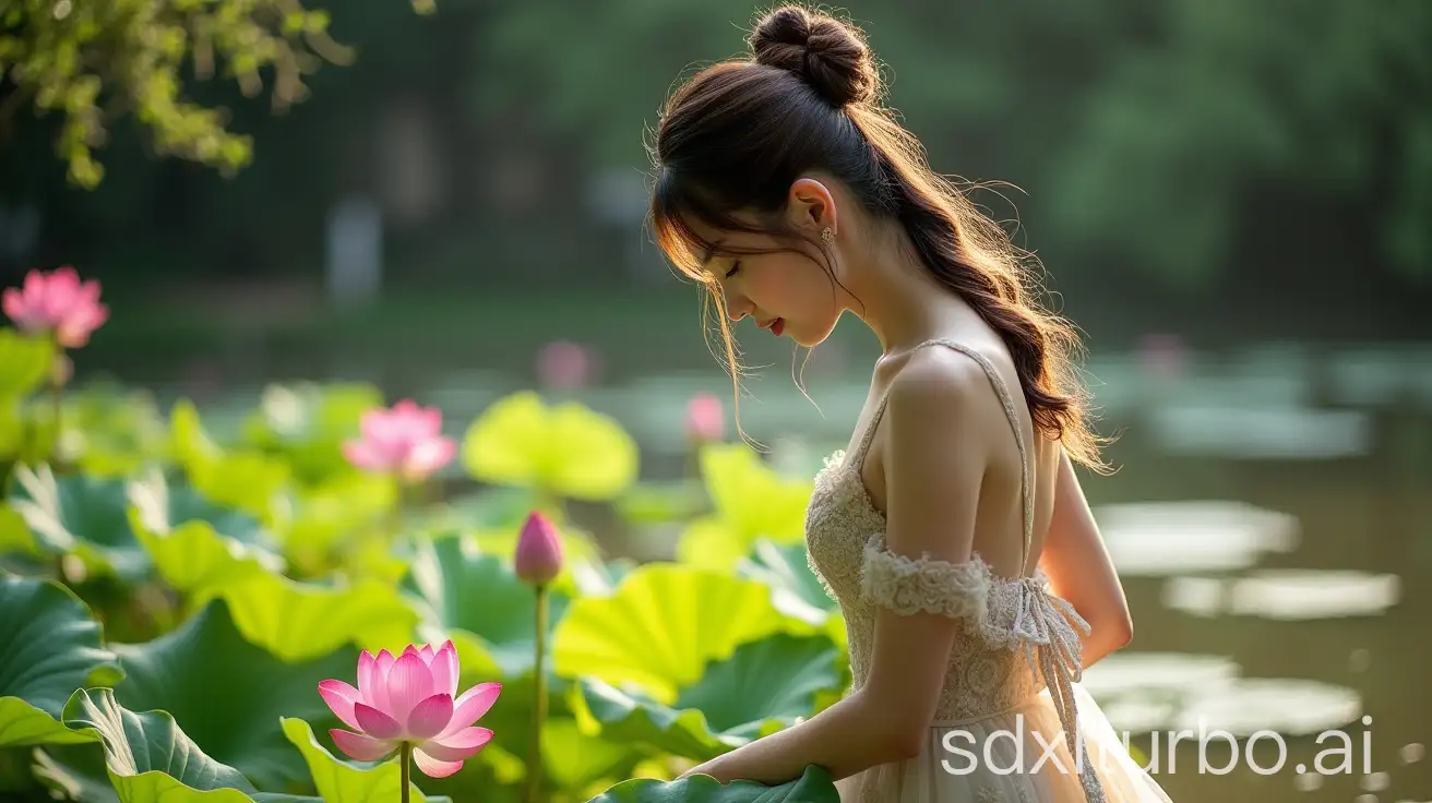 A lady returned from studying abroad during the Republic of China era, dressed in an exquisite Western-style dress, with fashionable wavy perm hair, standing by the lotus pond, sunlight shining on her, bending over to play with the water, interacting with the lotus flowers, with the surrounding lotus leaves gently swaying in the wind.