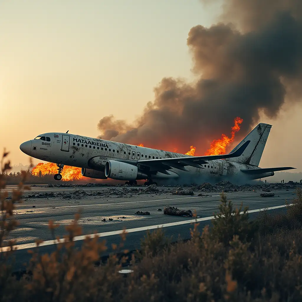 close-up image, plane crash on runway, in a natural area, wreckage seen, flames, smoke, dust, deaths, chaos, injured people, fleeing people