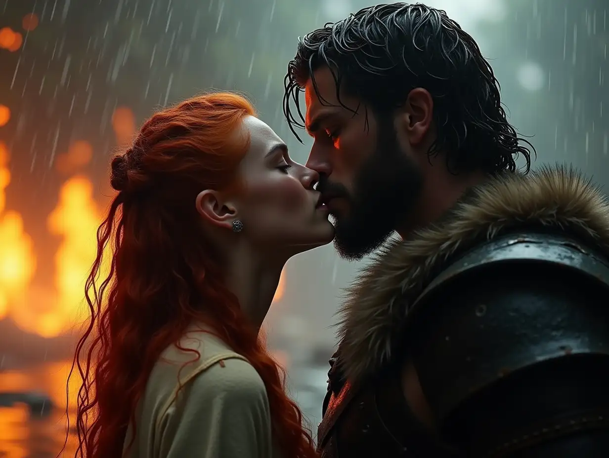 Fantasy-Romance-in-the-Rain-Elf-and-Warrior-Kissing-Amidst-Fire-and-Water