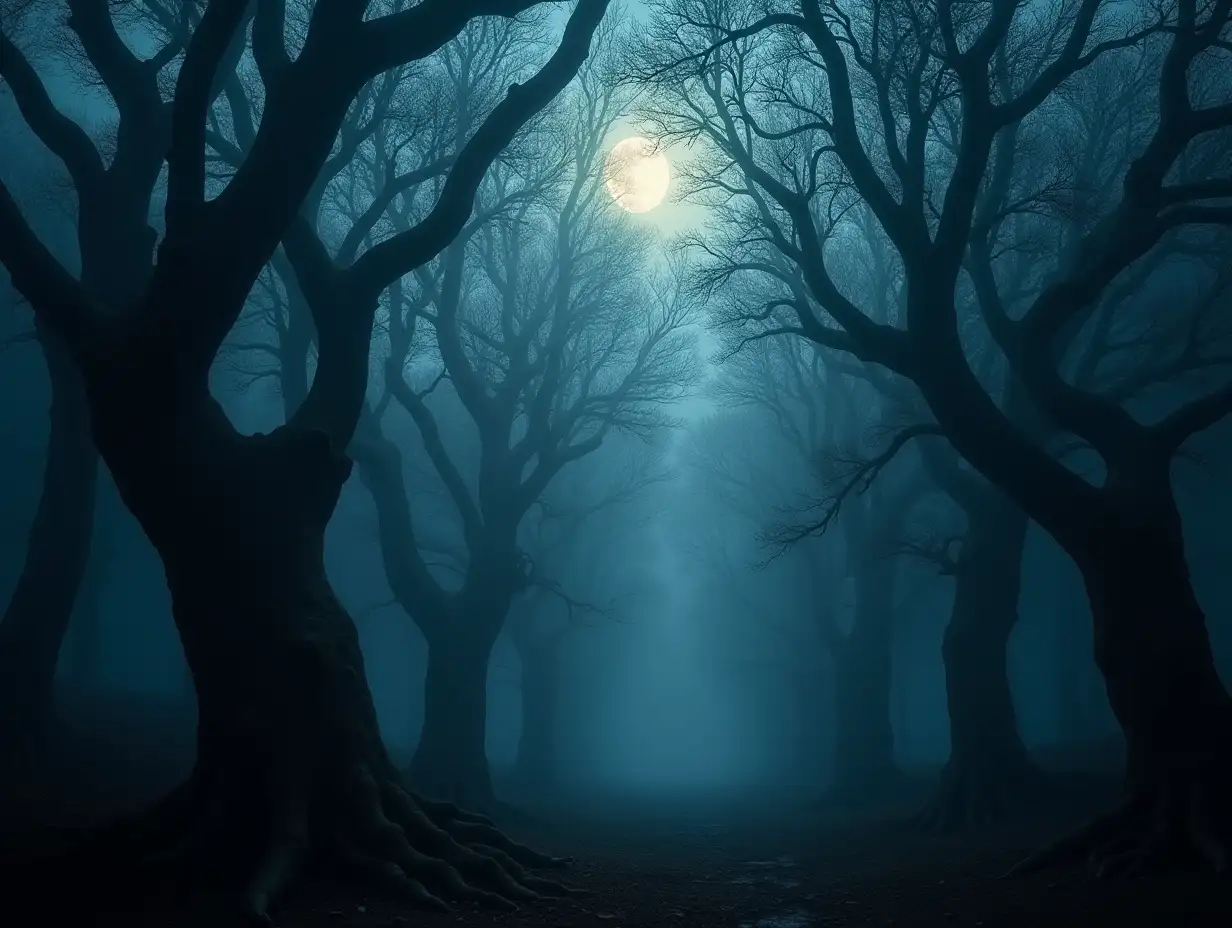 An ancient, overgrown forest, shrouded in mist, with towering, gnarled trees reaching toward the dark, foreboding sky, their twisted branches silhouetted against subtle hints of moonlight casting a glow eerie, evoking a sense of wonder and unease in a dramatic, high contrast and dark style, with deep blues and grays dominating the palette.