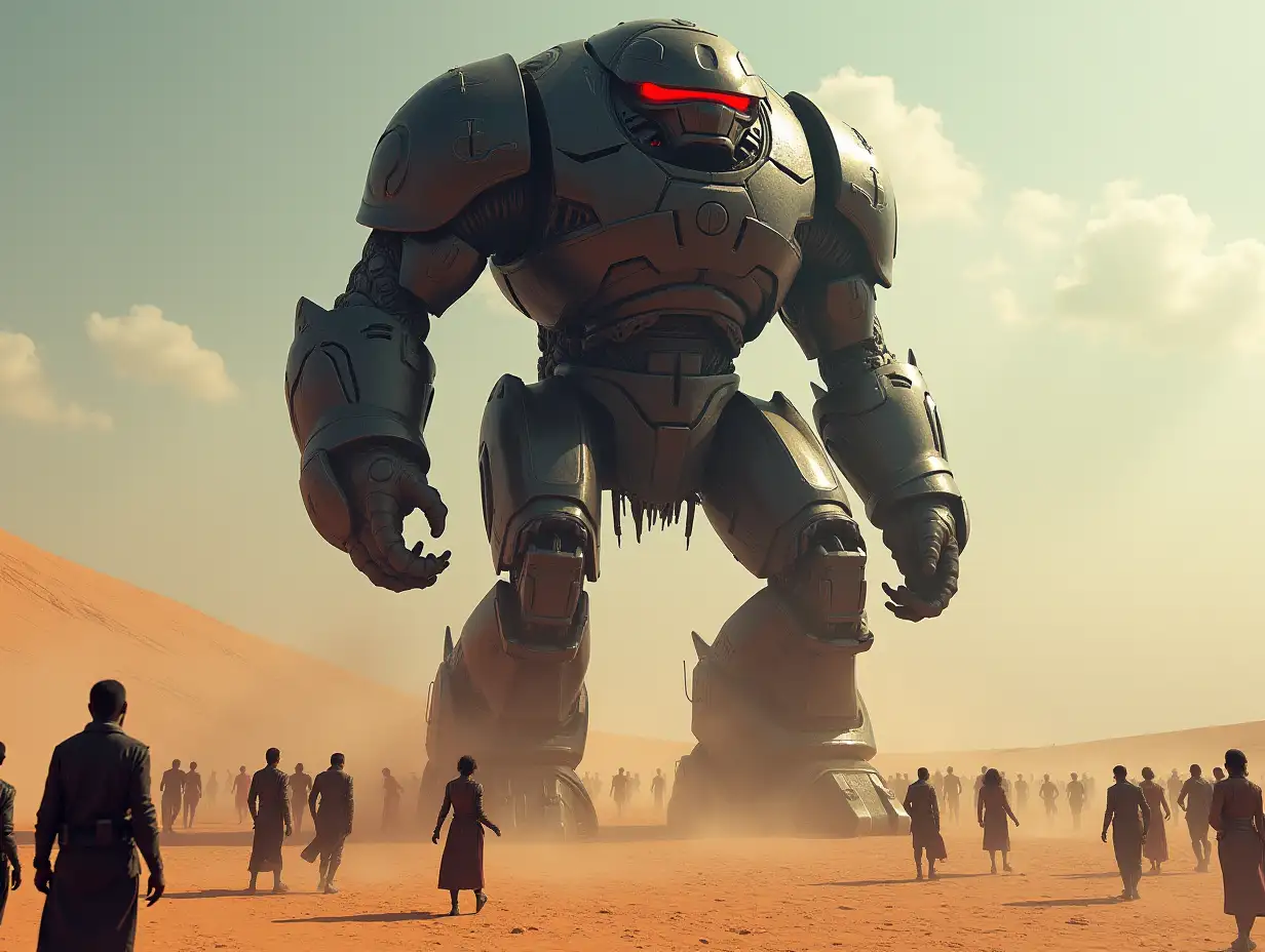 Create for me a 20 meter Android Titan Cyber Troll in black red with armor in a vast desert with many people.